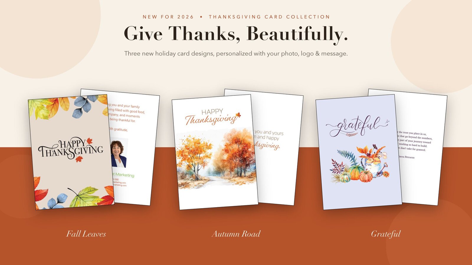The three new 2026 Thanksgiving card designs: Fall Leaves, Autumn Road and Grateful